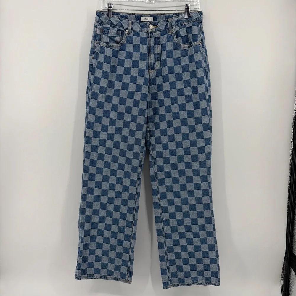 Forever 21 Womens 28 Blue Checkerboard Straight Leg High Rise‎ Denim Jeans